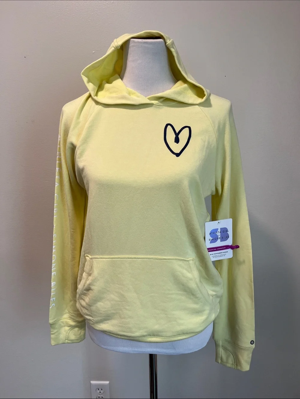Athleta Girl Simone Biles Pale Yellow Heart Logo Hoodie Sweater Retail $55